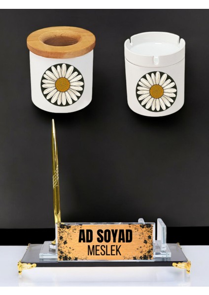 Papatya Görseli Baskılı Masa Üstü Isimlik, Masa Isimliği - Ofis Masa Isimlik, Küllük Kalemlik Seti