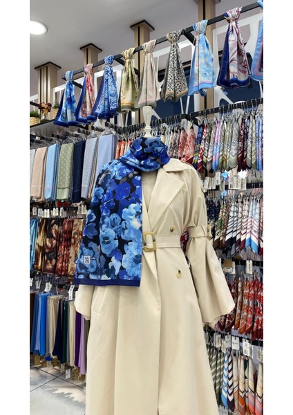 Gün Çiçekleri Desenli Şal Mavi