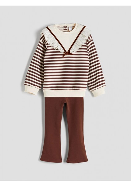 Lcw Kids Kahverengi Bebe Yaka Çizgili Kız Çocuk Sweatshirt ve Tayt 2'li