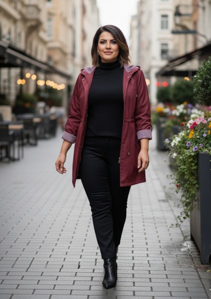 Büyük Beden Kapüşonlu Bordo Renkli Bonding Ceket