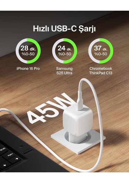 Kompakt Duvar Şarj Cihazı 45 W + Usb-C - Usb-C Kablosu, Apple Iphone 16, 15, 14, Plus, Pro, P fiyatları