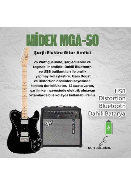 TLX-60BK-50AMP Telecaster Maple Klavye Hh 50 W Amfili Elektro Gitar Seti fiyatları