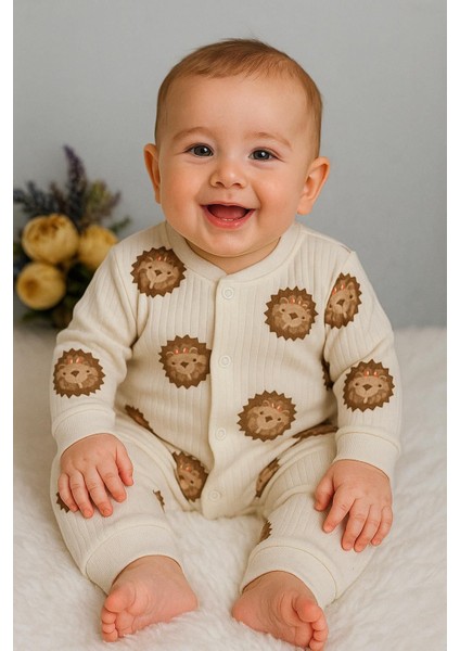 Tuembaby %100 Pamuk Aslan Manşetli Uzun Kollu Çıtçıtlı Unisex Bebek Tulumu