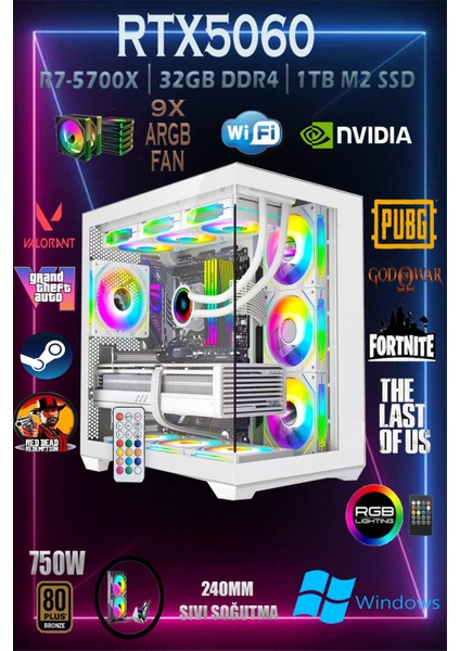TCW10 Ryzen 7 5700X 32GB 1tb M.2 SSD RTX5060 8gb Sıvı Soğutmalı Beyaz Masaüstü Oyuncu Bilgisayarı