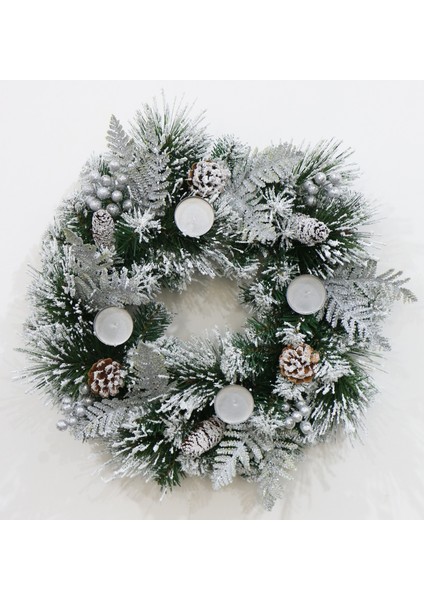 Karlı Çam Halka Mumluk Masa Dekor 45CM (Kendinden Led'li)