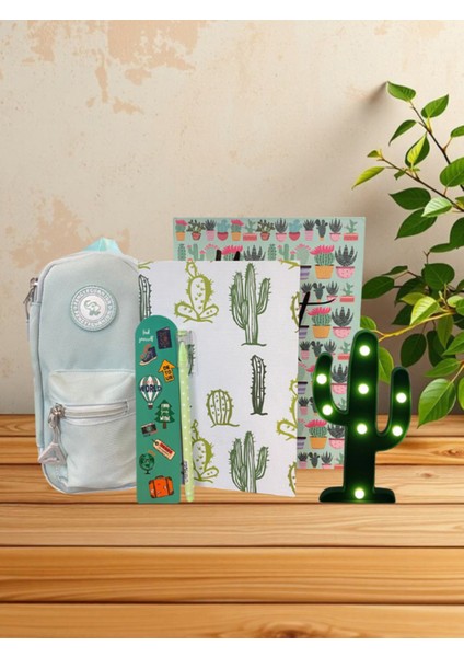 Elephant Turkuaz Kalem Kutu,Kaktüs Ajanda,Not Defteri,Kitap Ayracı,Puantiyeli Kalem,Kaktüs Led Işık