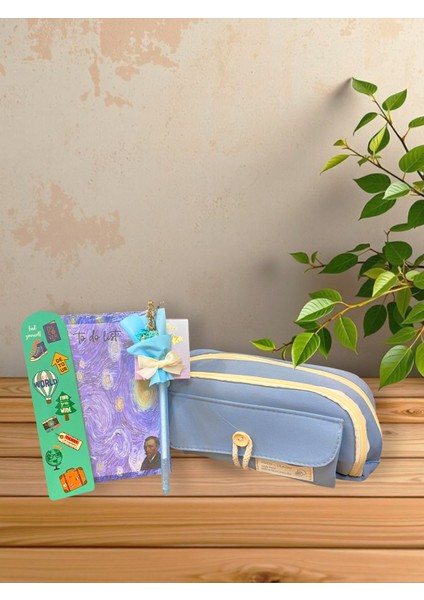 Düğmeli Mavi Kalem Kutu,yıldızlı Gece To Do List,travel Temalı Kitap Ayracı,kuru Çiçekli Kalem