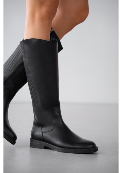 Arvee Hakiki Deri Lastikli Alçak Topuklu Kadın Çizme- Siyah