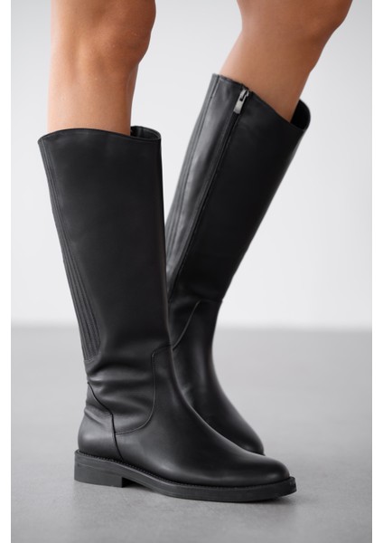 Arvee Hakiki Deri Lastikli Alçak Topuklu Kadın Çizme- Siyah fiyatları