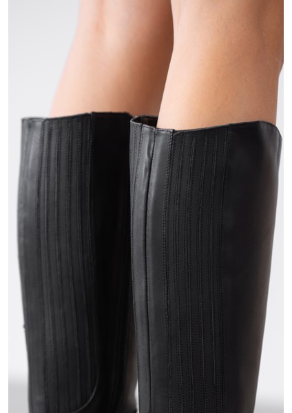 Arvee Hakiki Deri Lastikli Alçak Topuklu Kadın Çizme- Siyah modelleri