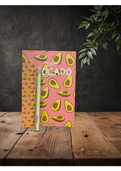 Avokado Temalı Sert Kapaklı Defter, Kitap Ayracı, Yeşil Puantiyeli Tükenmez Kalem
