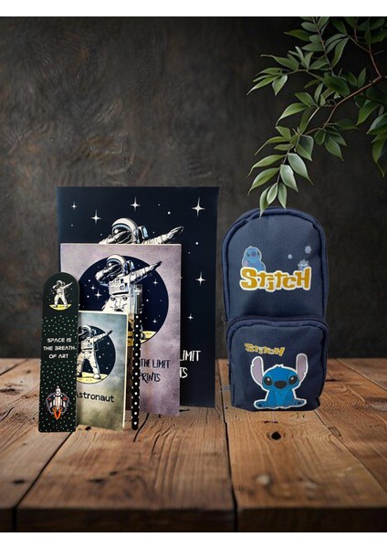 Stitch Lacivert Kalem Kutu, Astronot Temalı Defter, Not Defteri, Bloknot, Kitap Ayracı
