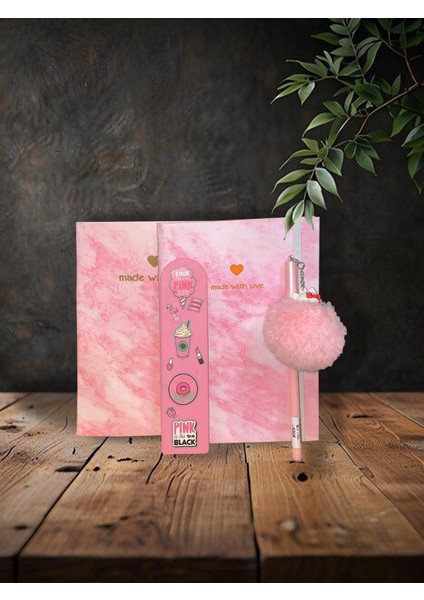 Mermer Desenli Sert Kapaklı Defter,not Defteri,pembe Hello Kity Ponponlu Tükenmez Kalem,pembe Ayraç