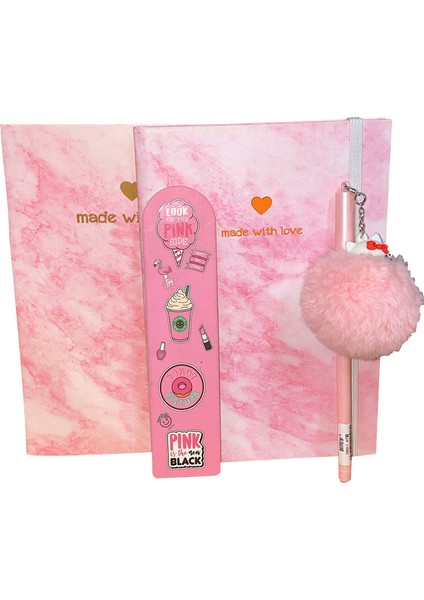 Mermer Desenli Sert Kapaklı Defter,not Defteri,pembe Hello Kity Ponponlu Tükenmez Kalem,pembe Ayraç fiyatları