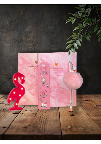 Mermer Desenli Sert Kapaklı Defter,Not Defteri,Pembe Hello Kity Ponponlu Kalem,Flamingo Led Işık