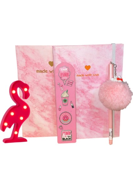 Mermer Desenli Sert Kapaklı Defter,Not Defteri,Pembe Hello Kity Ponponlu Kalem,Flamingo Led Işık fiyatları