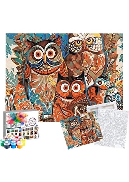 Baykuşlar Temalı Sayılarla Boyama Seti 40x50 cm Tuval ile Hobi Aktiviteleri İçin