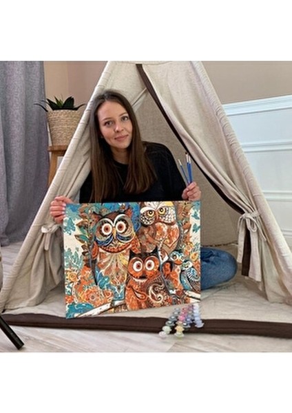 Baykuşlar Temalı Sayılarla Boyama Seti 40x50 cm Tuval ile Hobi Aktiviteleri İçin