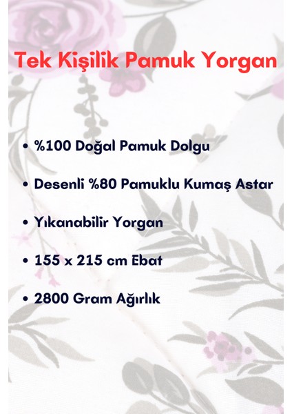 %100 Doğal Pamuk Dolgulu Renkli Tek Kişilik Pamuk Yorgan (155 x 215 Cm) fiyatları