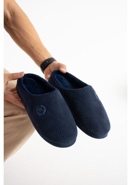 Erkek Ev Terliği Gondol Fitilli Kadife Nakışlı Yumuşak Sessiz Taban Kışlık Terlik