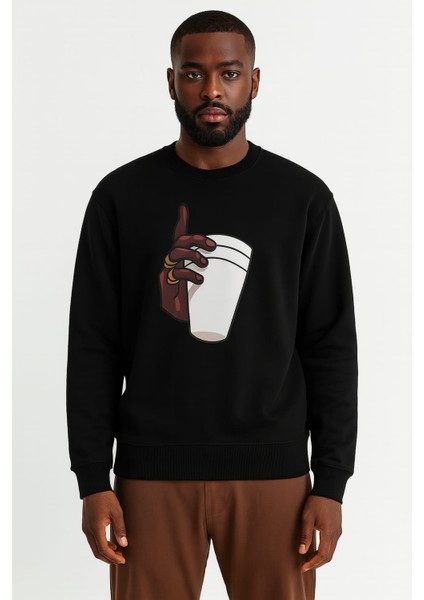Bardak Baskılı Erkek Sweatshirt Siyah