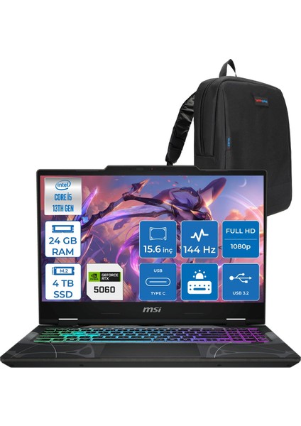 Msı Cyborg 15 Intel Core I5 13420H 24GB Ddr5 4tb SSD RTX5060 Gddr7 8gb Freedos 15.6" Fullhd (1920X1080) 144HZ IPS Taşınabilir Bilgisayar B13WFKG491XTRF10 + Zetta Çanta