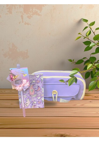 Düğmeli Mor Kalem Kutu, Unicorn Temalı Not Defteri, Kuru Çiçekli Tükenmez Kalem