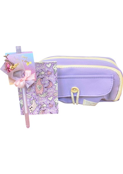 Düğmeli Mor Kalem Kutu, Unicorn Temalı Not Defteri, Kuru Çiçekli Tükenmez Kalem fiyatları