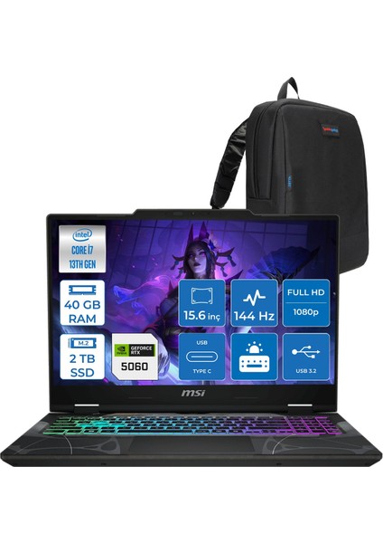 Msı Cyborg 15 Intel Core I7 13620H 40GB Ddr5 2tb SSD RTX5060 Gddr7 8gb Freedos 15.6" Fullhd (1920X1080) 144HZ IPS Taşınabilir Bilgisayar B13WFKG490XTRF19 + Zetta Çanta