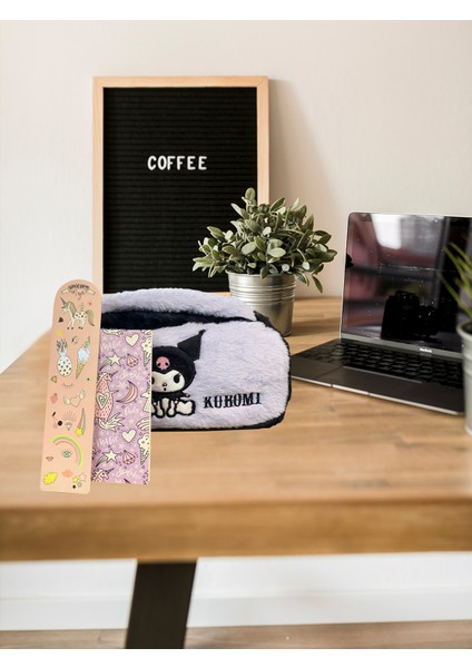 Kuromi Mor Peluş Kalem Kutu, Unicorn Temalı Not Defteri, Kitap Ayracı