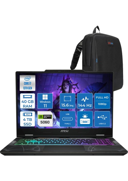 Msı Cyborg 15 Intel Core I7 13620H 40GB Ddr5 4tb SSD RTX5060 Gddr7 8gb Windows 11 Pro 15.6" Fullhd (1920X1080) 144HZ IPS Taşınabilir Bilgisayar B13WFKG490XTRP20 + Zetta Çanta