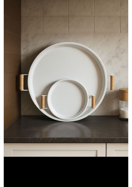 2'li (51 - 26 Cm) Ahşap Kulplu Metal Tepsi Çay Tepsisi Kahve Tepsisi Sunum Tepsi Seti