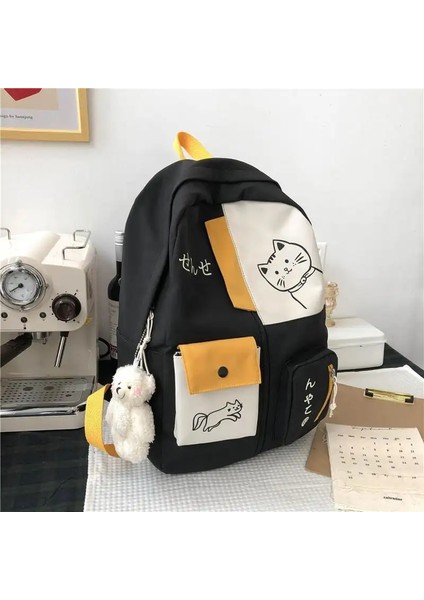Yüzlerce Basit Ortaokul Öğrencisi Okul Çantası Büyük Kapasiteli Ilkokul Öğrencileri Okul Çantası Sevimli Kedi Desenli: Siyah (Yurt Dışından)