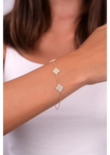 14 Ayar Altın Taşlı Üçlü Yonca Bileklik 24