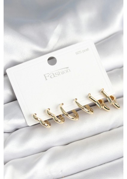 Pirinç Gold Renk Kalp Yıldız ve Halka Model 925 Ayar Gümüş Çivili Kadın Küpe Seti - TJ-BKP11262