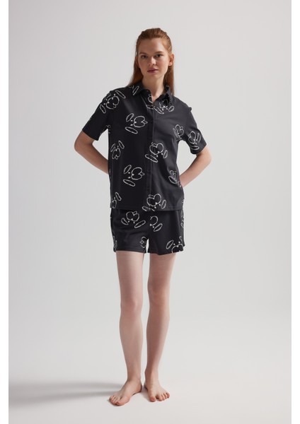 Kadın Pamuklu Kısa Kollu Gömlek Şortlu Pijama Takımı