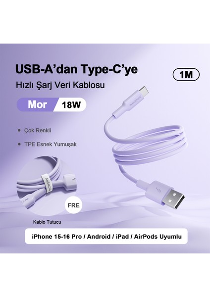 ATC18 Şarj Kablosu 18W 1 Metre Usb’den Type-C’ye, Veri Aktarımı ve Şarj Kablosu, Tablet ve Telefon Android Usb-C, Esnek, Mor