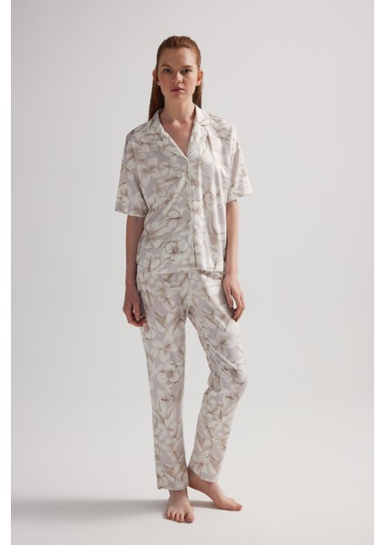 Kadın Viskon Kısa Kollu Gömlek Uzun Pijama Takımı