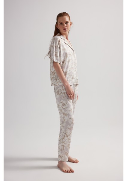 Kadın Viskon Kısa Kollu Gömlek Uzun Pijama Takımı modelleri