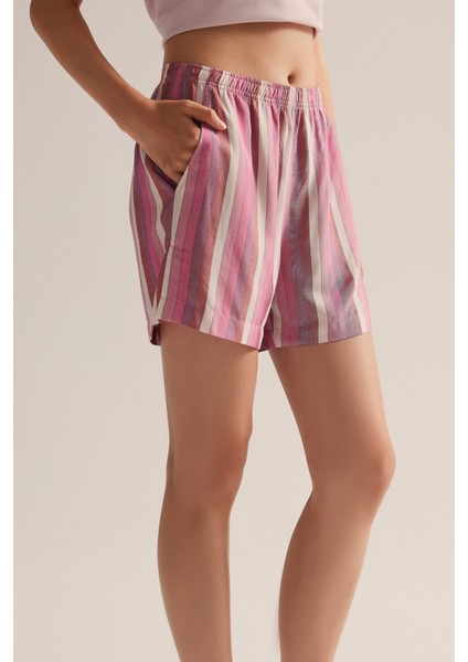 Kadın Dokuma Yırtmaç Detaylı Cepli Şort Pijama Altı