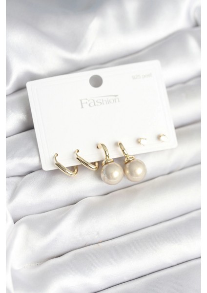 Pirinç Gold Renk Inci Detaylı 925 Gümüş Çivili Kadın Küpe Seti - TJ-BKP11253