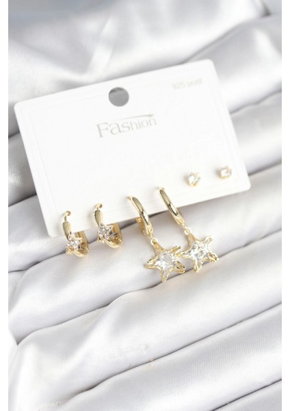 Pirinç Gold Renk Yıldız Model 925 Gümüş Çivili Kadın Küpe Seti - TJ-BKP11256