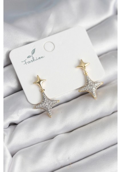 Kutup Yıldızı Pirinç Gold Renk Zirkon Taşlı Kadın Küpe - TJ-BKP11303