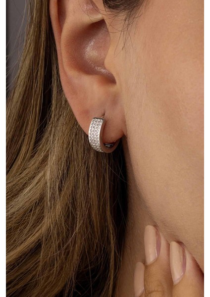 3 Sıra Tamtur Beyaz Taşlı Kadın Gümüş Küpe