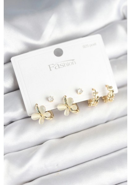 Kelebek Model Gold Renk Pirinç 925 Ayar Gümüş Çivili Kadın Küpe Seti - TJ-BKP11271