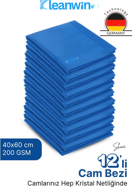 Shine 12’li Set 40X60CM Mikrofiber Cam Bezi Mavi–ev ve Oto Temizlik Bezi, Iz Bırakmaz Mikrofiber Bez