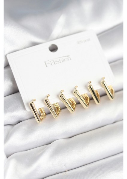 Gold Renk Kare Model Pirinç 925 Ayar Gümüş Çivili Kadın Küpe Seti - TJ-BKP11274