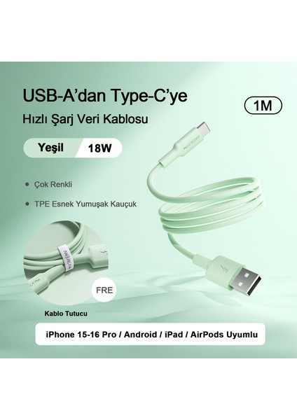 ATC18 Şarj Kablosu 18W 1 Metre Usb’den Type-C’ye, Veri Aktarımı ve Şarj Kablosu, Tablet ve Telefon Android Usb-C, Esnek, Yeşil