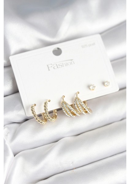 Gold Renk Pirinç 925 Ayar Gümüş Çivili Kadın Küpe Seti - TJ-BKP11276