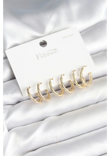 Pirinç Gold Renk Kemik Halka Model 925 Ayar Gümüş Çivili Kadın Küpe Seti - TJ-BKP11261